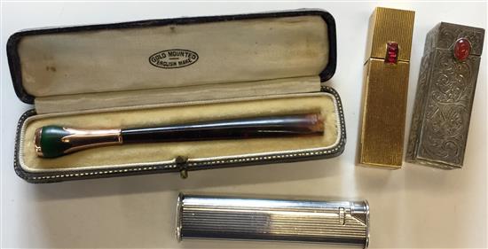 Dunhill lighter, 2 lipstick holders & cigarette holder